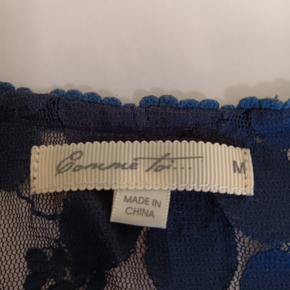 Comme Toi Women's Navy Blue Floral Lace Mesh Sheer Short Sleeve Blouse Size M - Picture 10 of 13